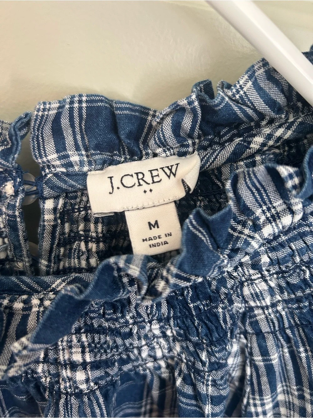 J. Crew Blue and White Plaid Ruffle-Neck Blouse
